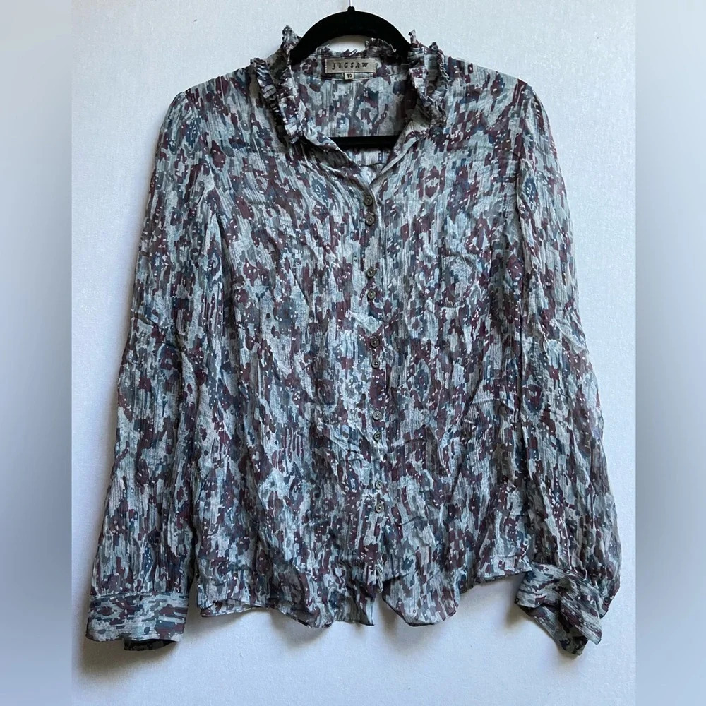 Jigsaw multi coloured silk ruffle long sleeve blouse Sz 10